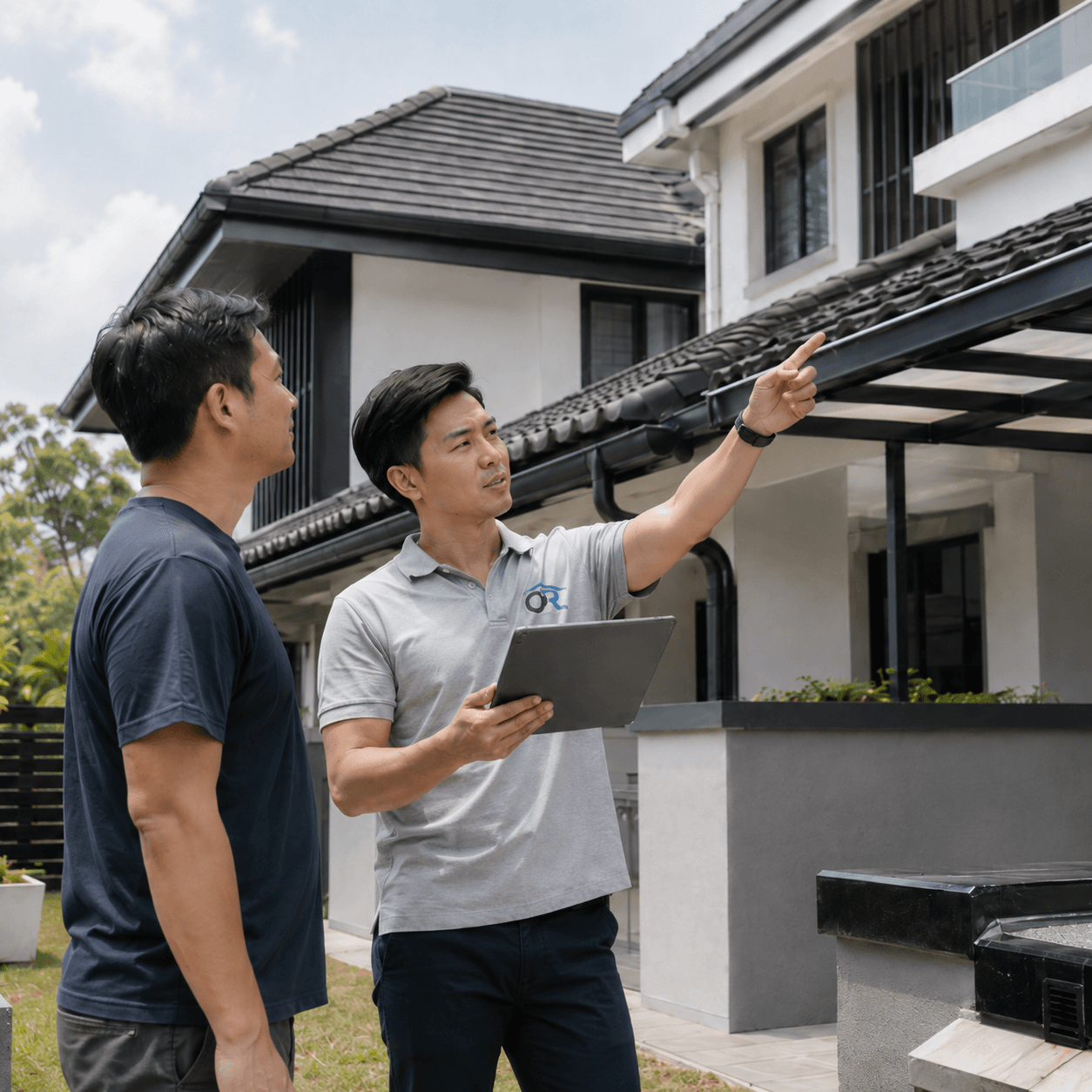 One Roof Solutions roofing contractor inspecting roof and awning work in Penang
