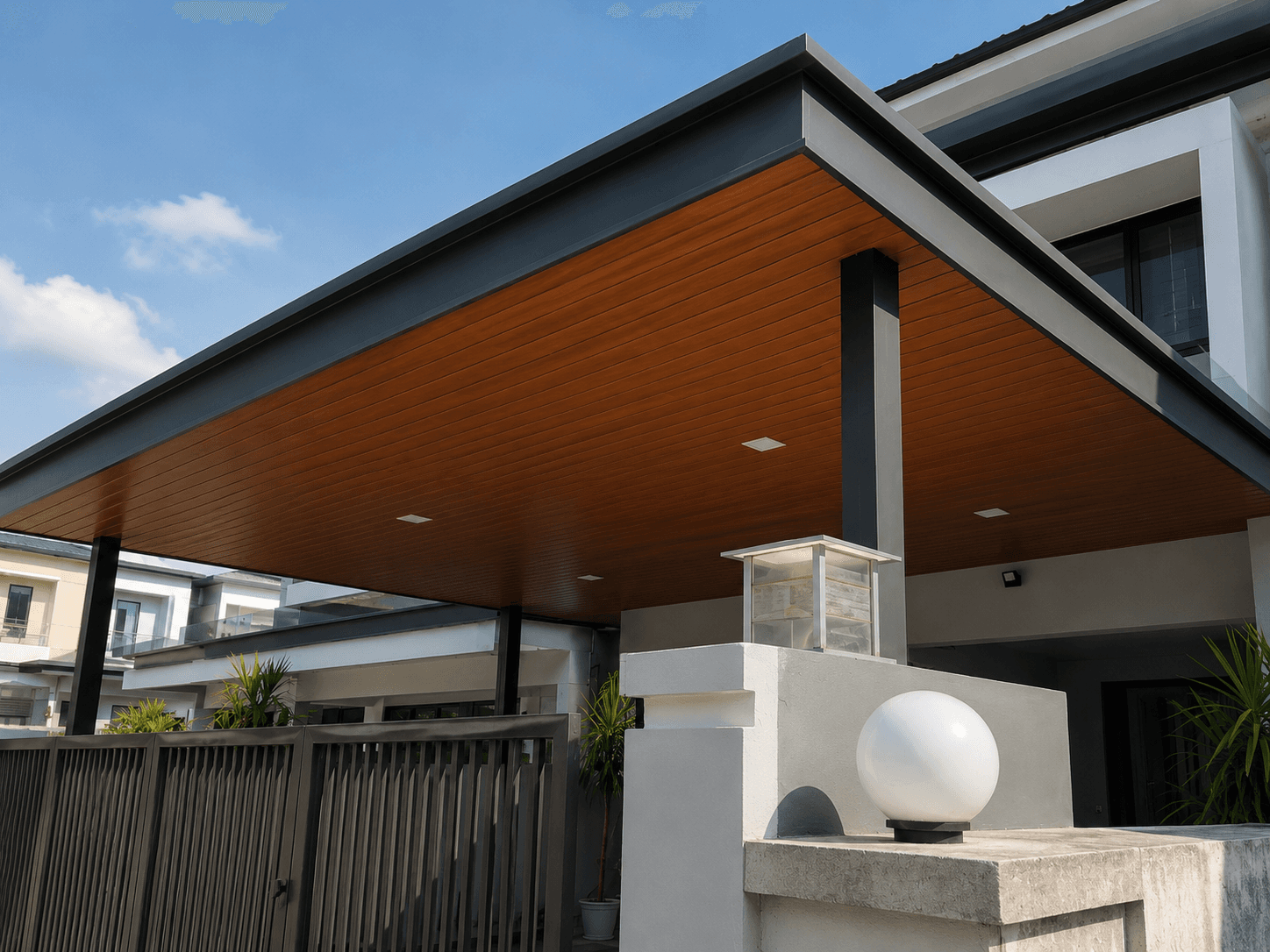 Modern awning extension Penang with clean steel framing and roof coverage
