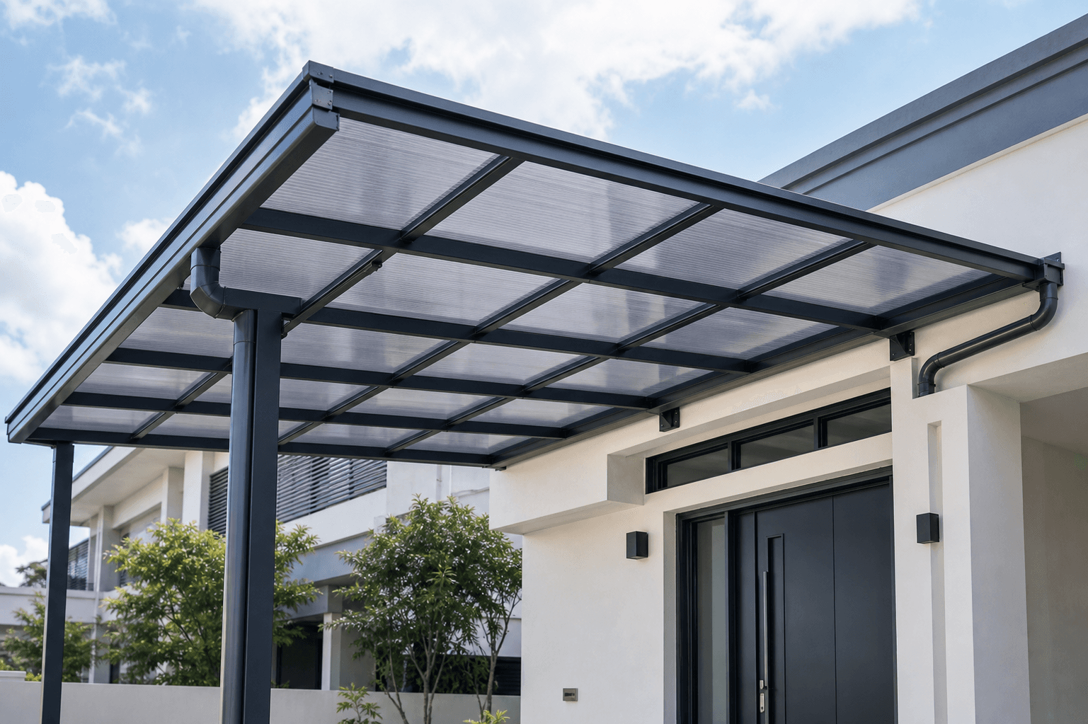 Awning contractor Penang polycarbonate awning panels with neat steel support frame